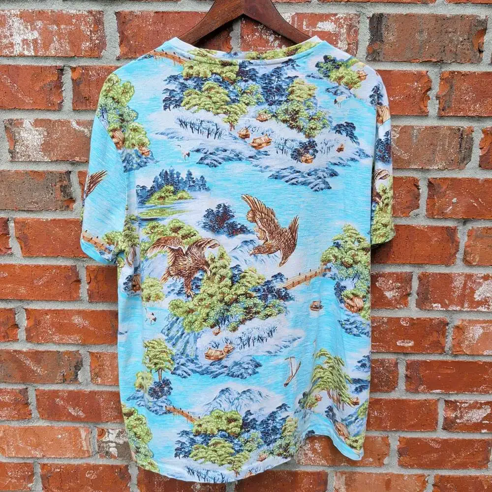 Polo Ralph Lauren T-Shirt Mens L Blue Scenic Toile Print Pocket Tee